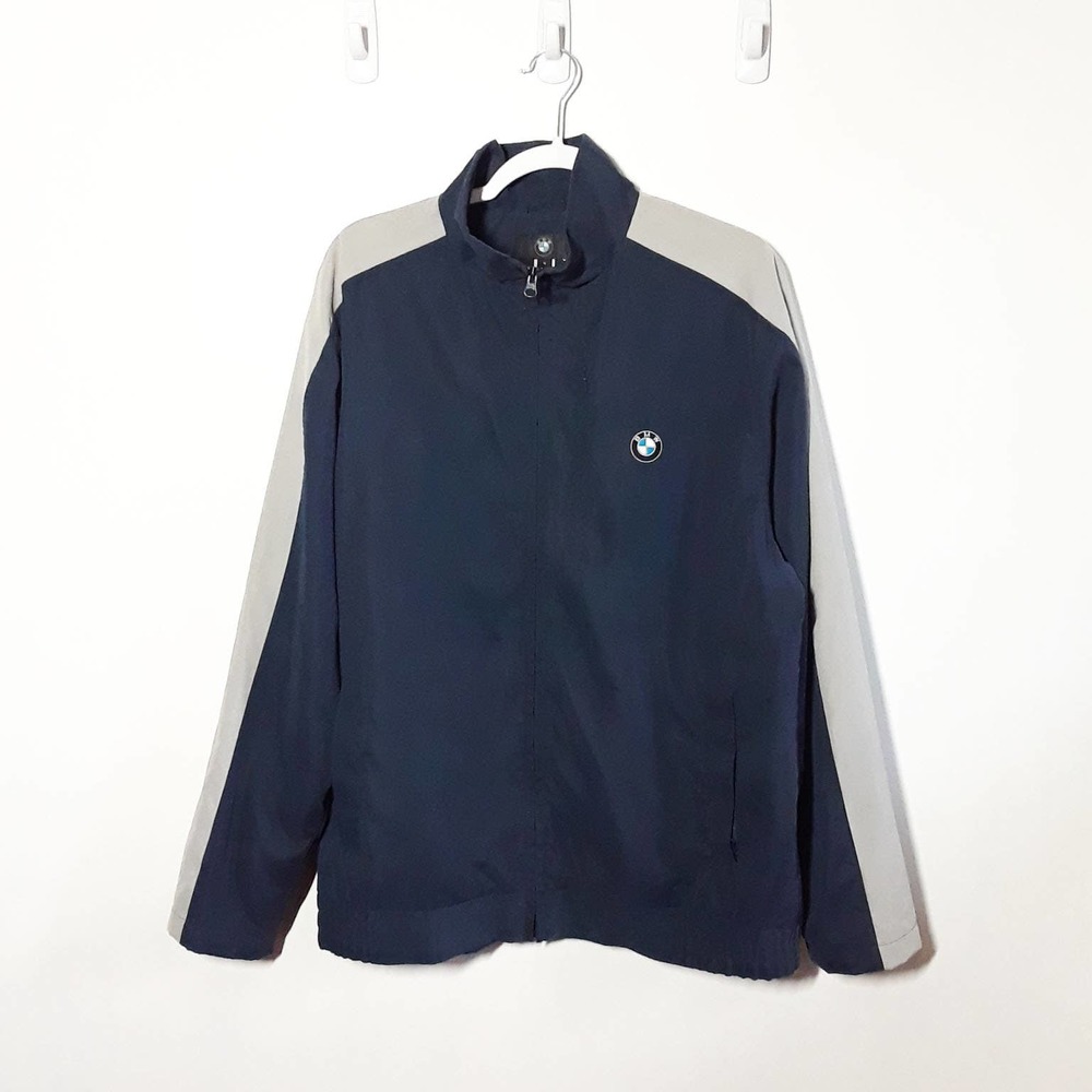 BMW Logo Nylon Navy Blue Zip Up Jacket, size Medium, VGUC! Tech Pocket Work Gray